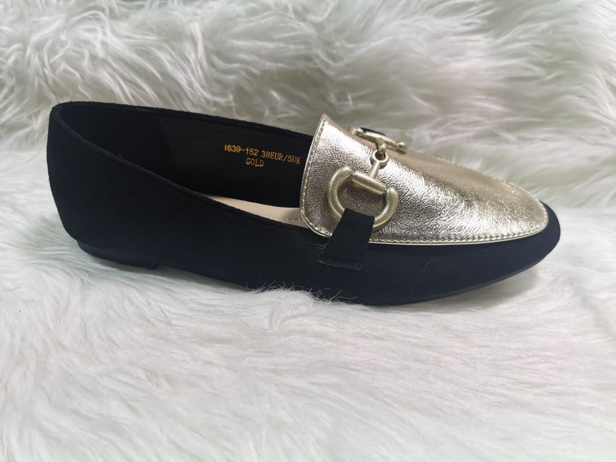 BLACK METALLIC TRIM CHAIN FAUX SUEDE LOAFER