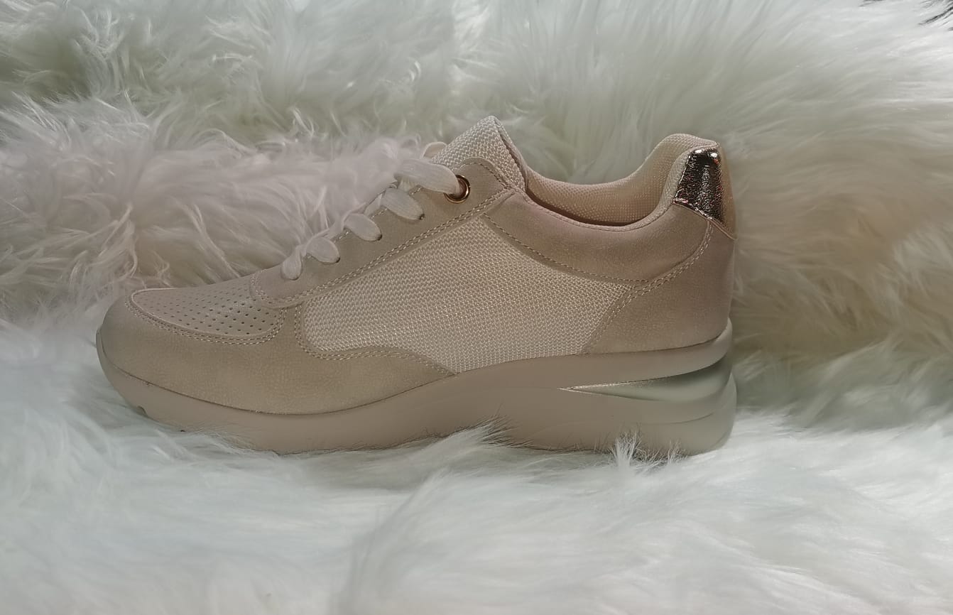 BEIGE AND GOLD ZIP TRIM FAUX LEATHER TRAINER