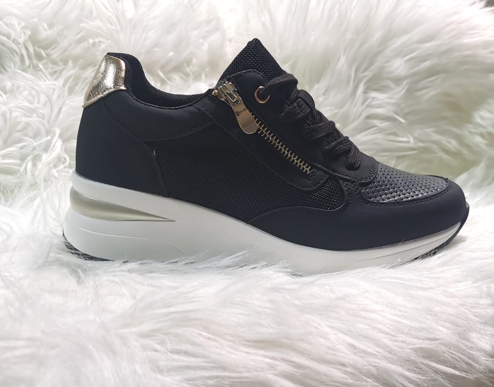 BLACK AND GOLD ZIP TRIM FAUX LEATHER TRAINER