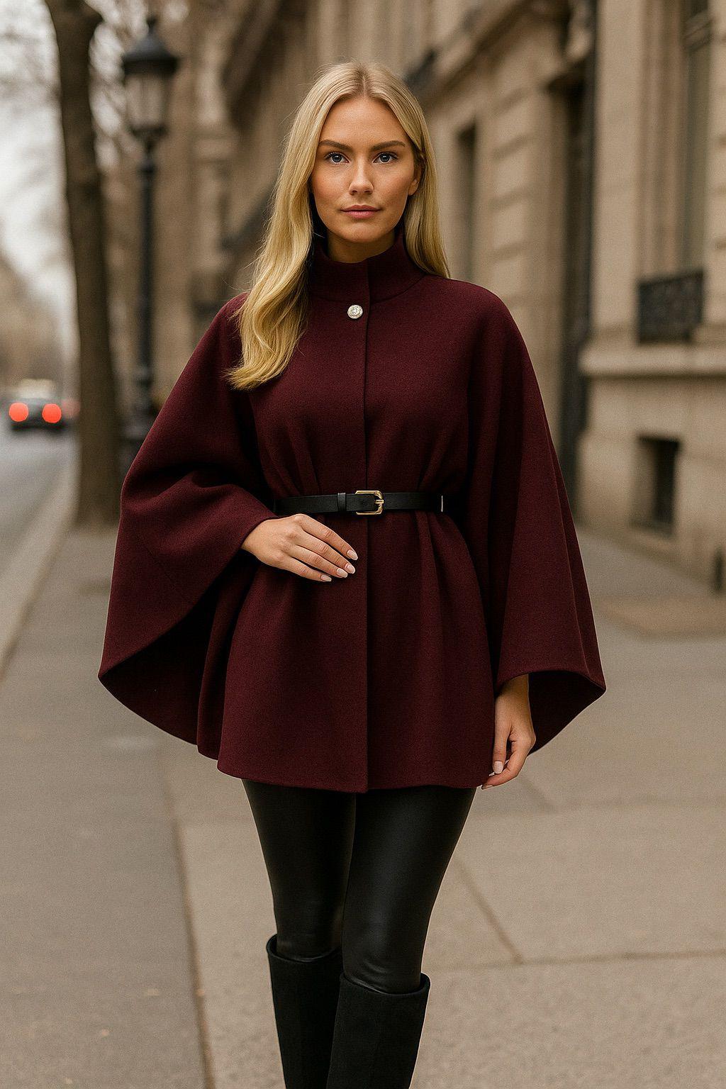 WINE LONGLINE BELTED CAPE COAT