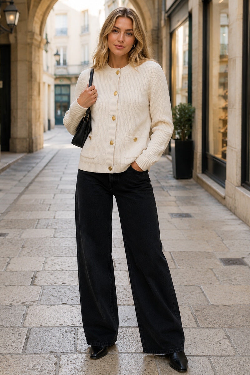 CREAM TWO POCKET BUTTON WAFFLE KNIT CARDIGAN
