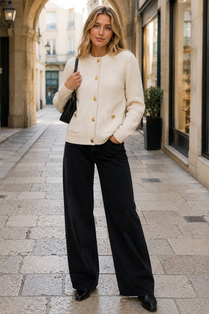 CREAM TWO POCKET BUTTON WAFFLE KNIT CARDIGAN