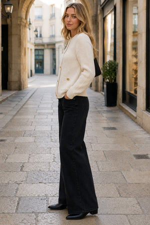 CREAM TWO POCKET BUTTON WAFFLE KNIT CARDIGAN