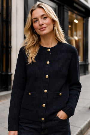 NAVY TWO POCKET BUTTON WAFFLE KNIT CARDIGAN