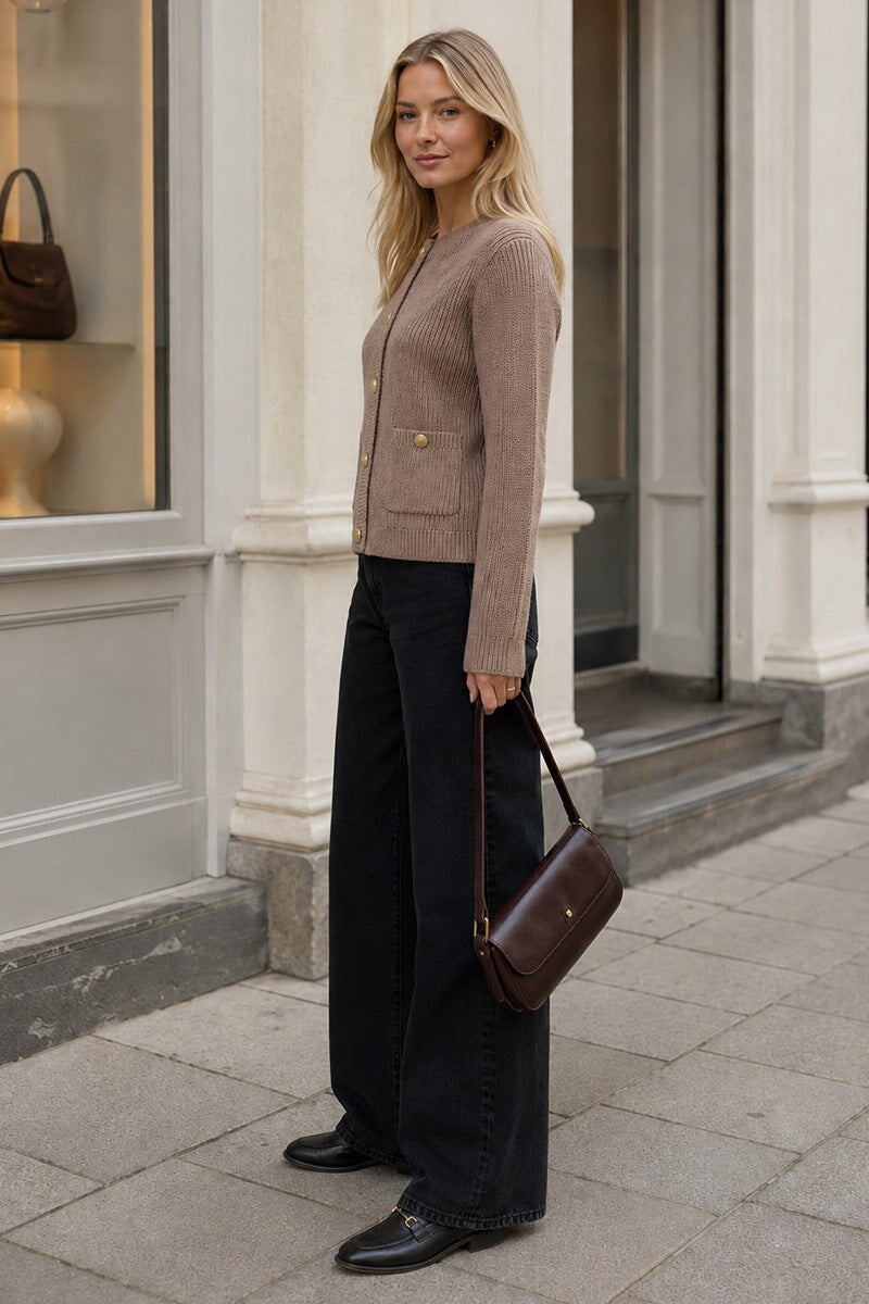SAND TWO POCKET BUTTON WAFFLE KNIT CARDIGAN