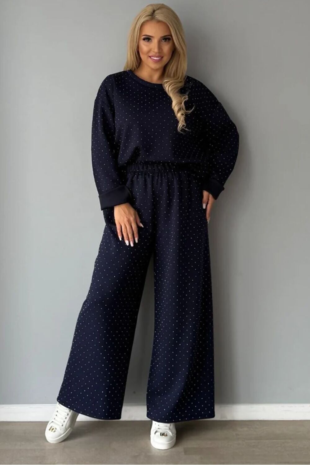 BLACK EMBELLISHED DOT WIDE LEG LOUNGE SUIT