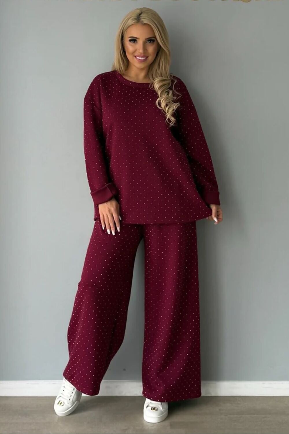 WINE EMBELLISHED DOT WIDE LEG LOUNGE SUIT