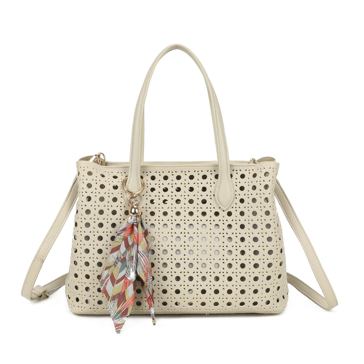 BEIGE LASERCUT FAUX LEATHER GRAB BAG