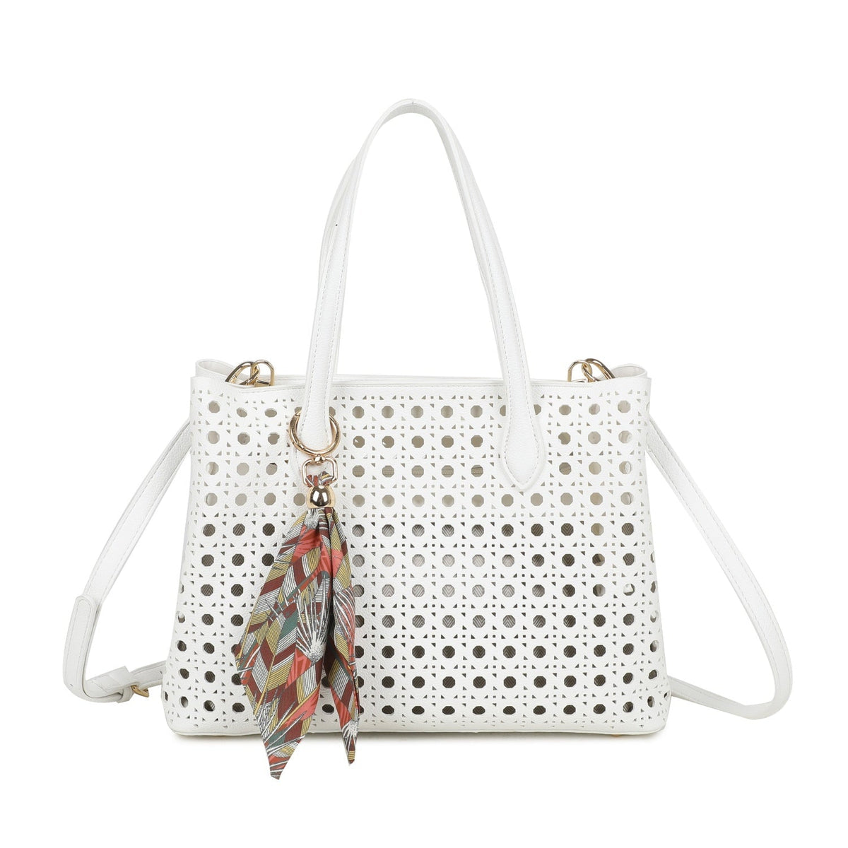 WHITE LASERCUT FAUX LEATHER GRAB BAG