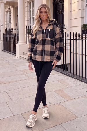 AX PARIS BLACK AND CAMEL POCKET DETAIL HOODED TEDDY JACKET
