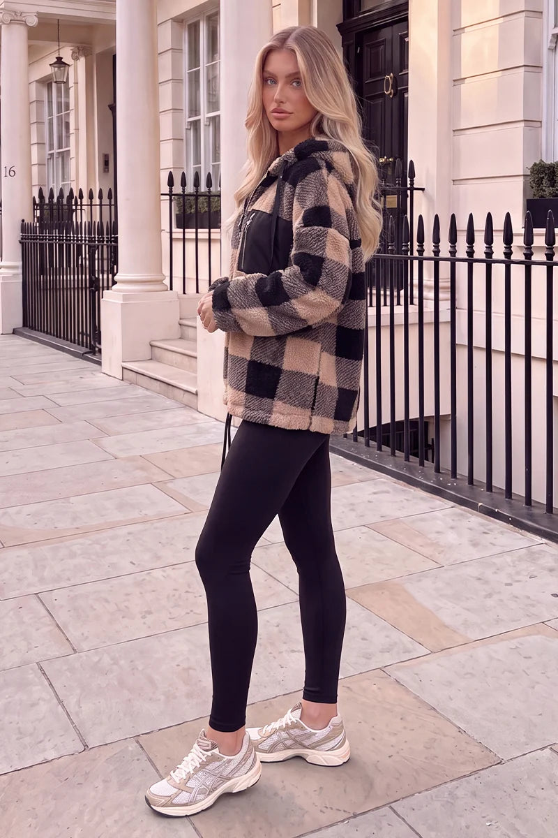 AX PARIS BLACK AND CAMEL POCKET DETAIL HOODED TEDDY JACKET