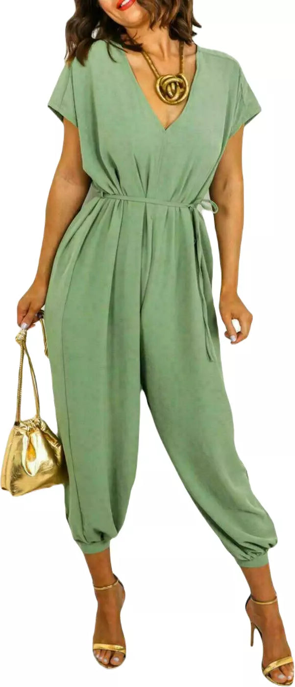 KHAKI TIE WAIST HAREM JUMPSUIT