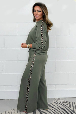 KHAKI LEOPARD PRINT TRIM WIDE LEG LOUNGE SUIT