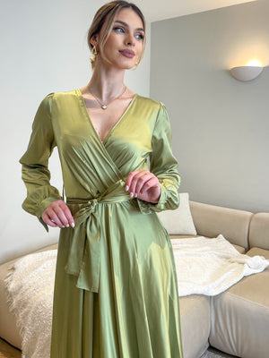 LIME GREEN SATIN BELTED MAXI DRESS