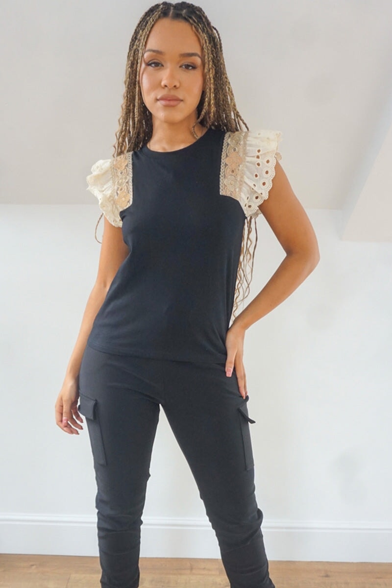 BLACK BRODERIE ANGLAISE SHORT SLEEVE TOP