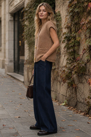 CAMEL WAFFLE TWO POCKET BUTTON KNITTED WAISTCOAT