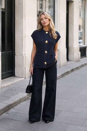 NAVY WAFFLE TWO POCKET BUTTON KNITTED WAISTCOAT