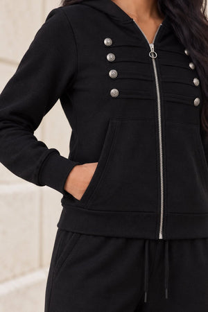 BLACK HOODED MILITARY DETAIL ZIP UP WIDE LEG TRACKSUIT SET