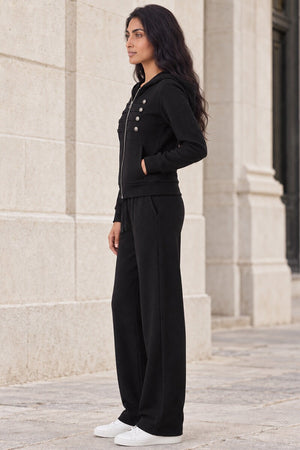 BLACK HOODED MILITARY DETAIL ZIP UP WIDE LEG TRACKSUIT SET