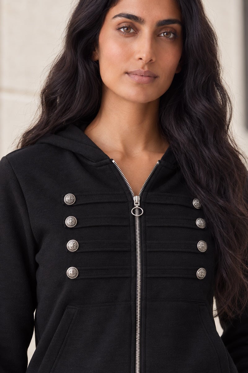 BLACK HOODED MILITARY DETAIL ZIP UP WIDE LEG TRACKSUIT SET