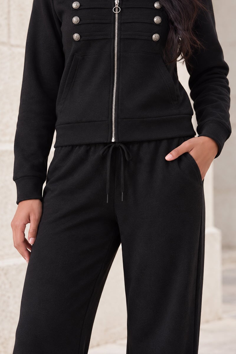 BLACK HOODED MILITARY DETAIL ZIP UP WIDE LEG TRACKSUIT SET