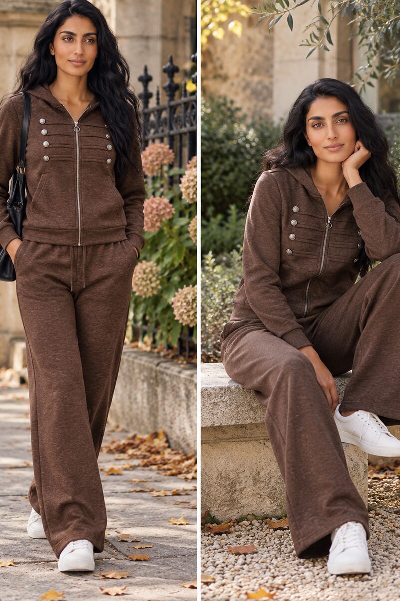 CHOCOLATE HOODED MILITARY DETAIL ZIP UP WIDE LEG TRACKSUIT SET