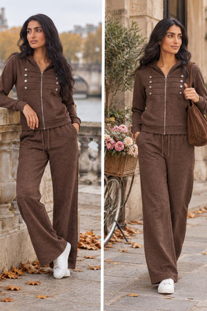 CHOCOLATE HOODED MILITARY DETAIL ZIP UP WIDE LEG TRACKSUIT SET
