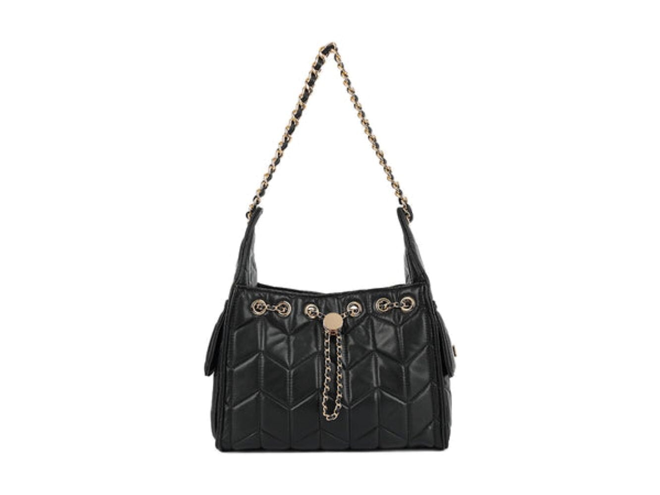 BLACK FAUX LEATHER QUILTED GOLD CHAIN SHOULDER BAG