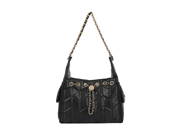 BLACK FAUX LEATHER QUILTED GOLD CHAIN SHOULDER BAG