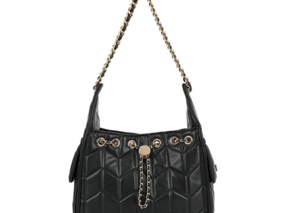 BLACK FAUX LEATHER QUILTED GOLD CHAIN SHOULDER BAG