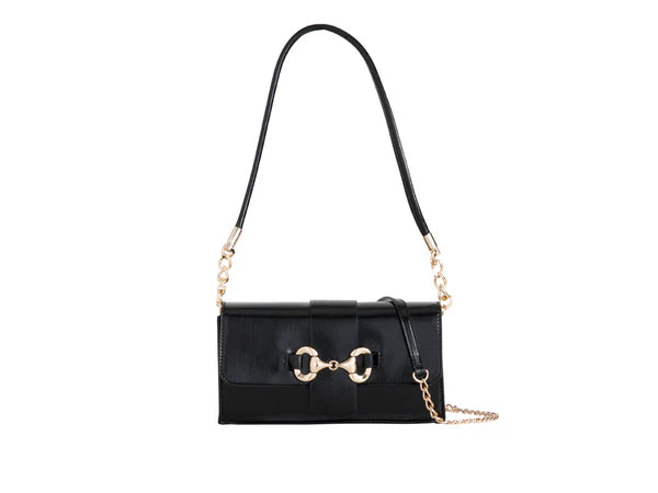 BLACK FAUX LEATHER GOLD CHAIN SHOULDER BAG