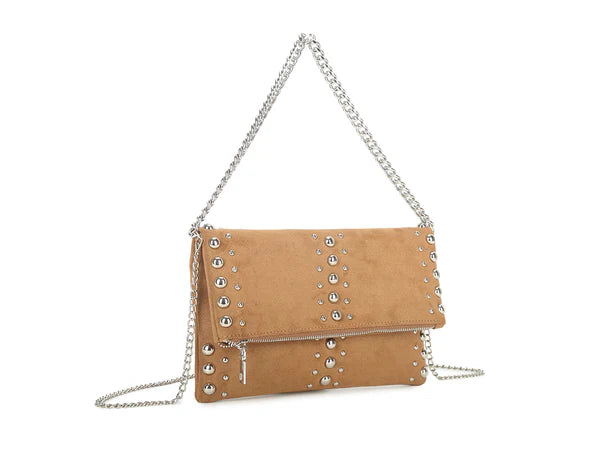 BROWN FAUX SUEDE STUD CROSS BODY BAG