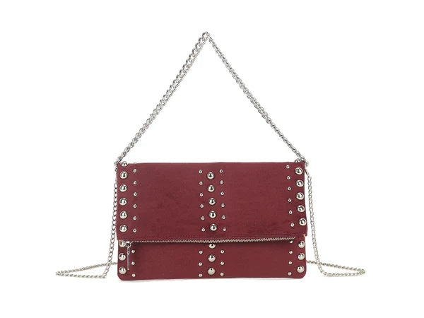 BURGUNDY FAUX SUEDE STUD CROSS BODY BAG