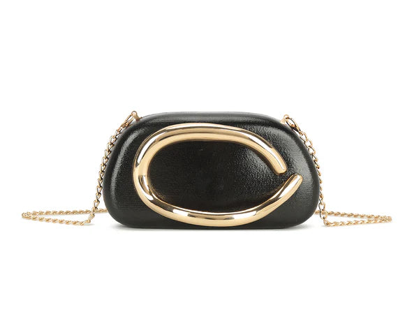 BLACK FAUX LEATHER GOLD CLASP BOX BAG