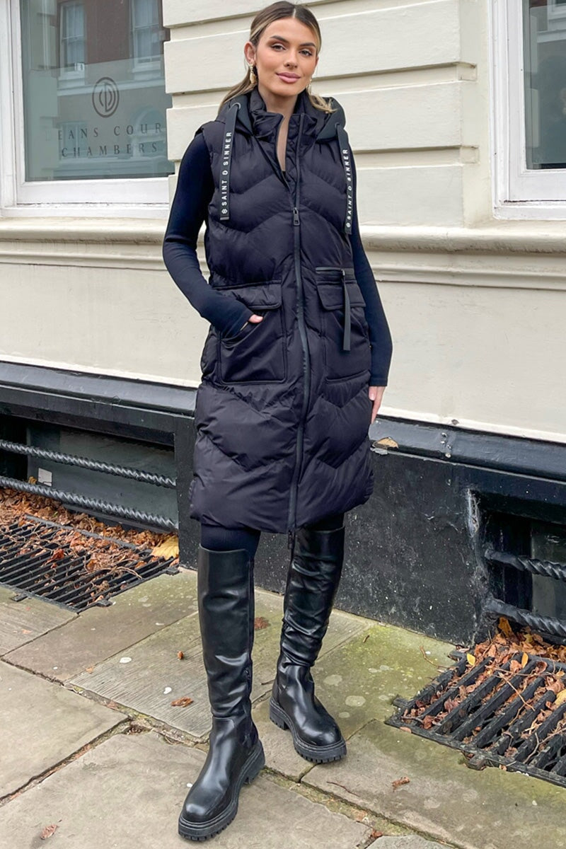 BLACK QUILTED HOODED FLAP POCKET PUFFER GILET