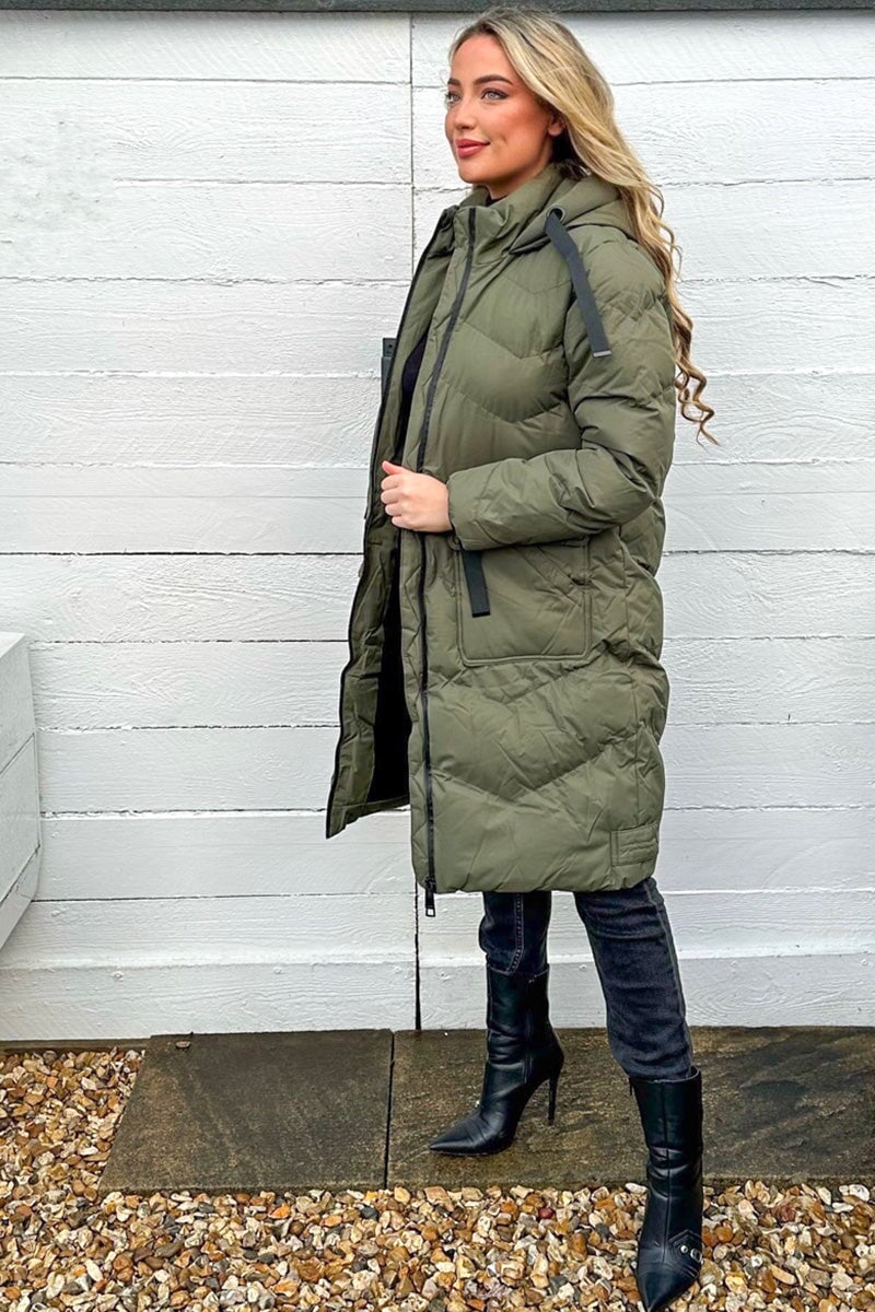 KHAKI QUILTED HOODED FLAP POCKET PUFFER COAT