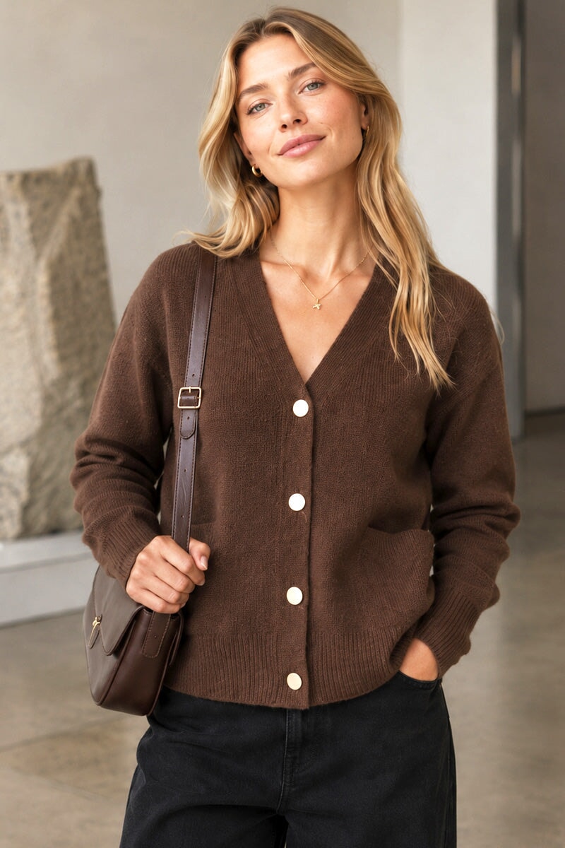 COFFEE TWO POCKET BUTTON KNIT CARDIGAN