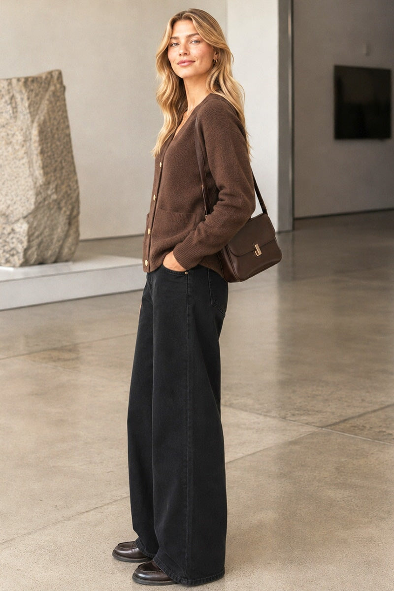 COFFEE TWO POCKET BUTTON KNIT CARDIGAN