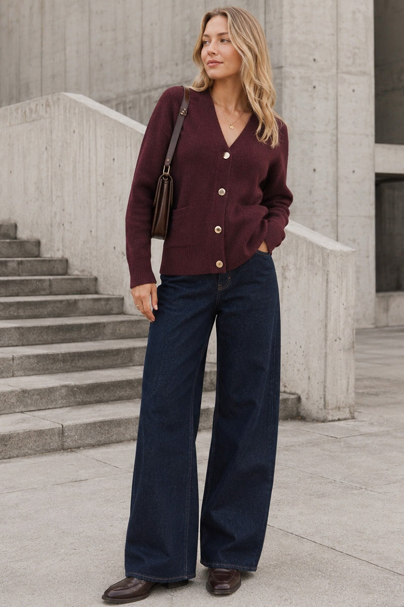 FIG TWO POCKET BUTTON KNIT CARDIGAN
