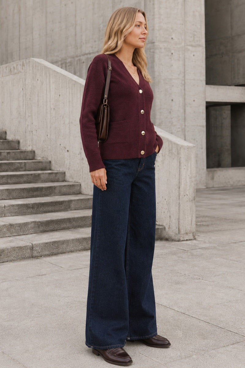 FIG TWO POCKET BUTTON KNIT CARDIGAN