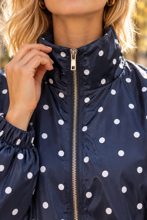 NAVY POLKA DOT BUBBLE HEM ZIP WINDBREAKER JACKET