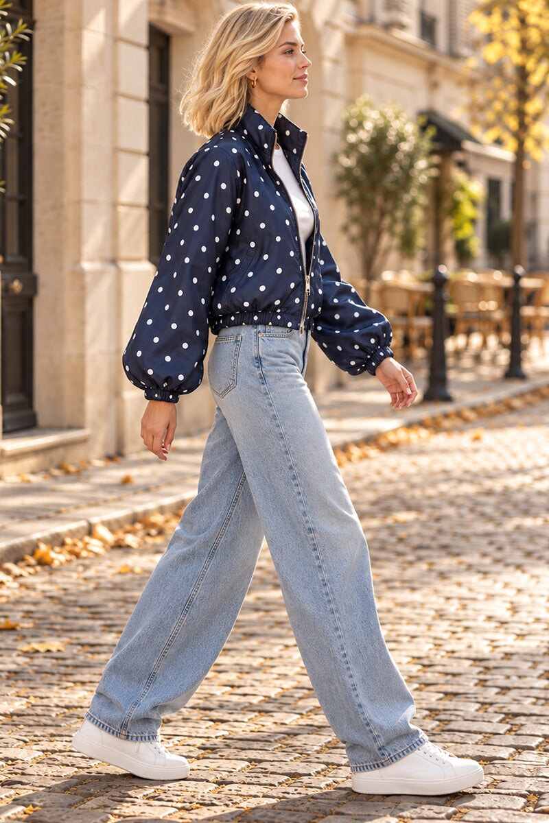 NAVY POLKA DOT BUBBLE HEM ZIP WINDBREAKER JACKET