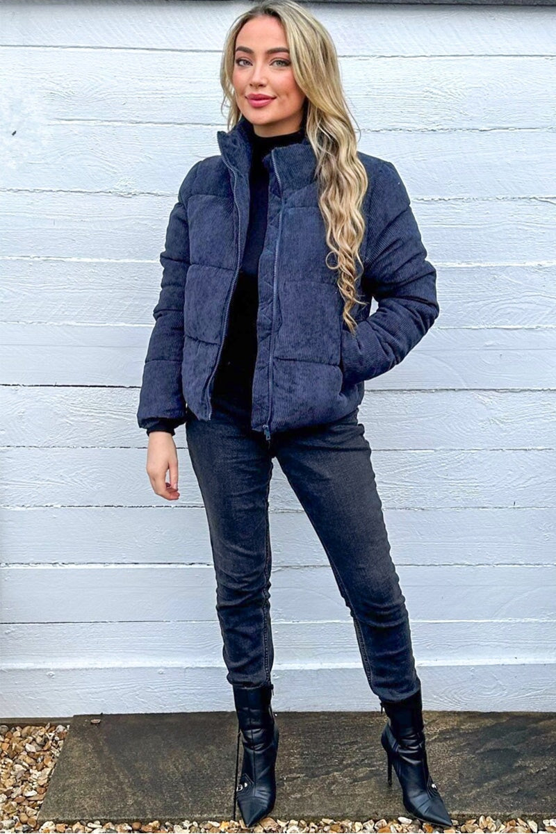 NAVY CORDUROY QUILTED BOMBER JACKET