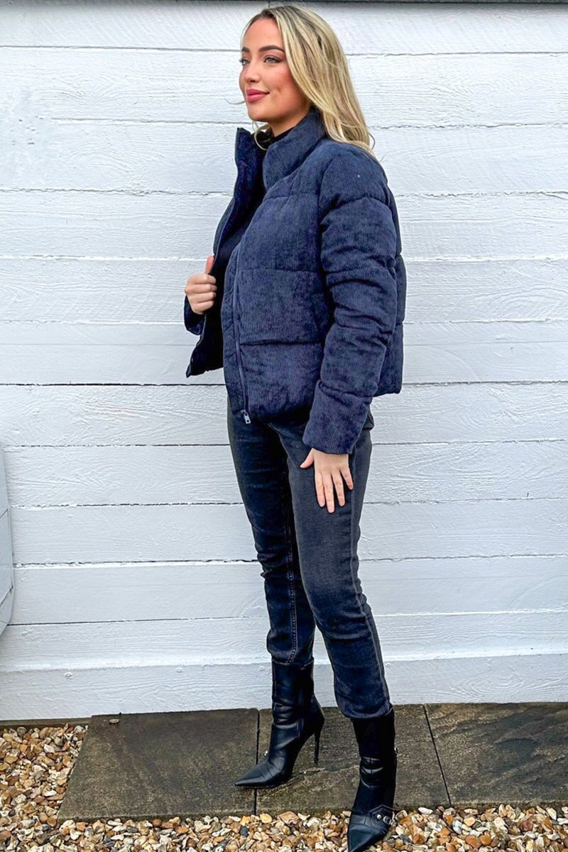 NAVY CORDUROY QUILTED BOMBER JACKET