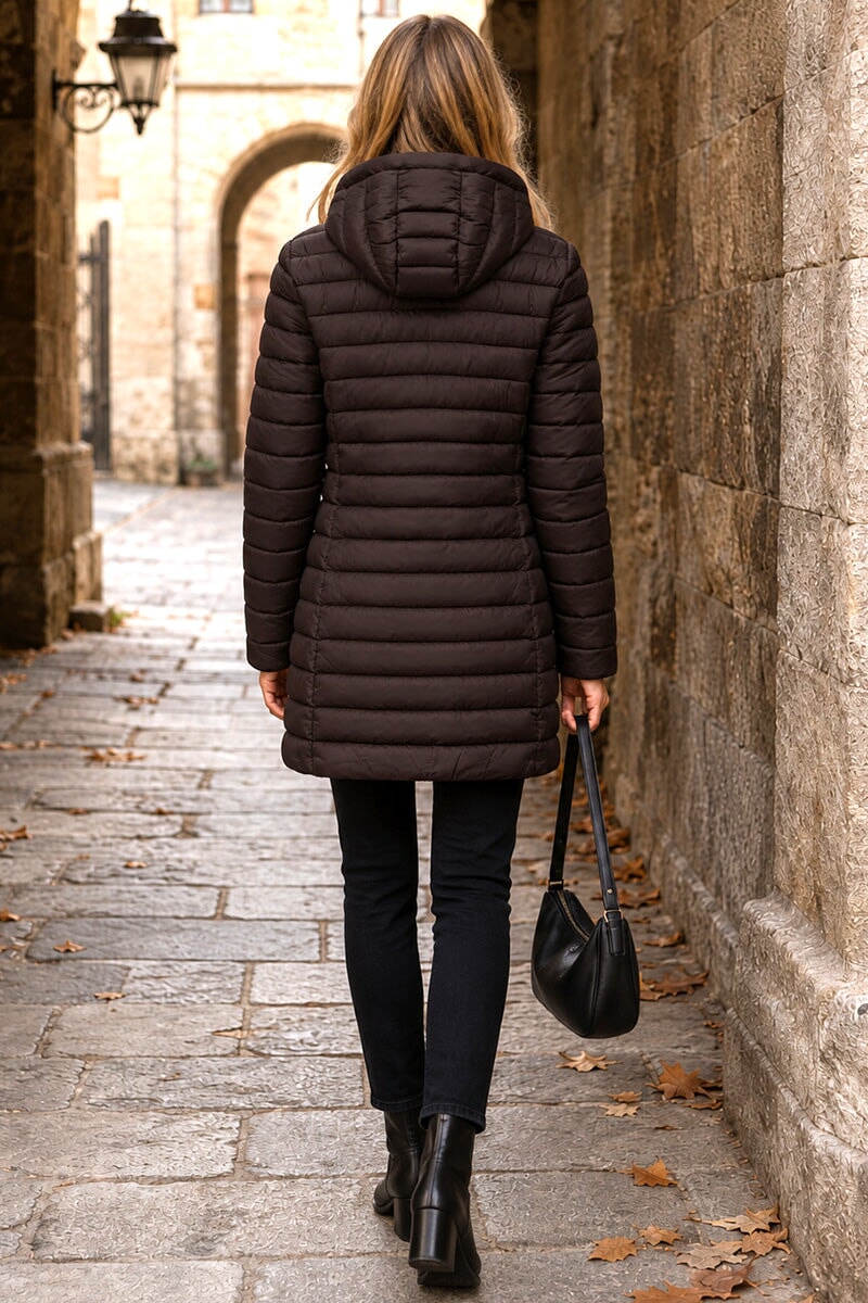 CHOCOLATE HOODED LIGHTWEIGHT QUILT PUFFER JACKET