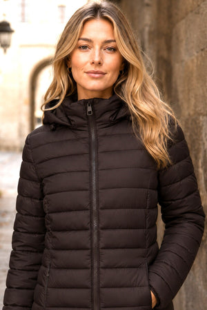 CHOCOLATE HOODED LIGHTWEIGHT QUILT PUFFER JACKET
