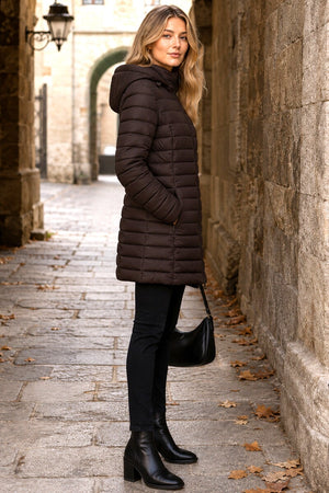 CHOCOLATE HOODED LIGHTWEIGHT QUILT PUFFER JACKET