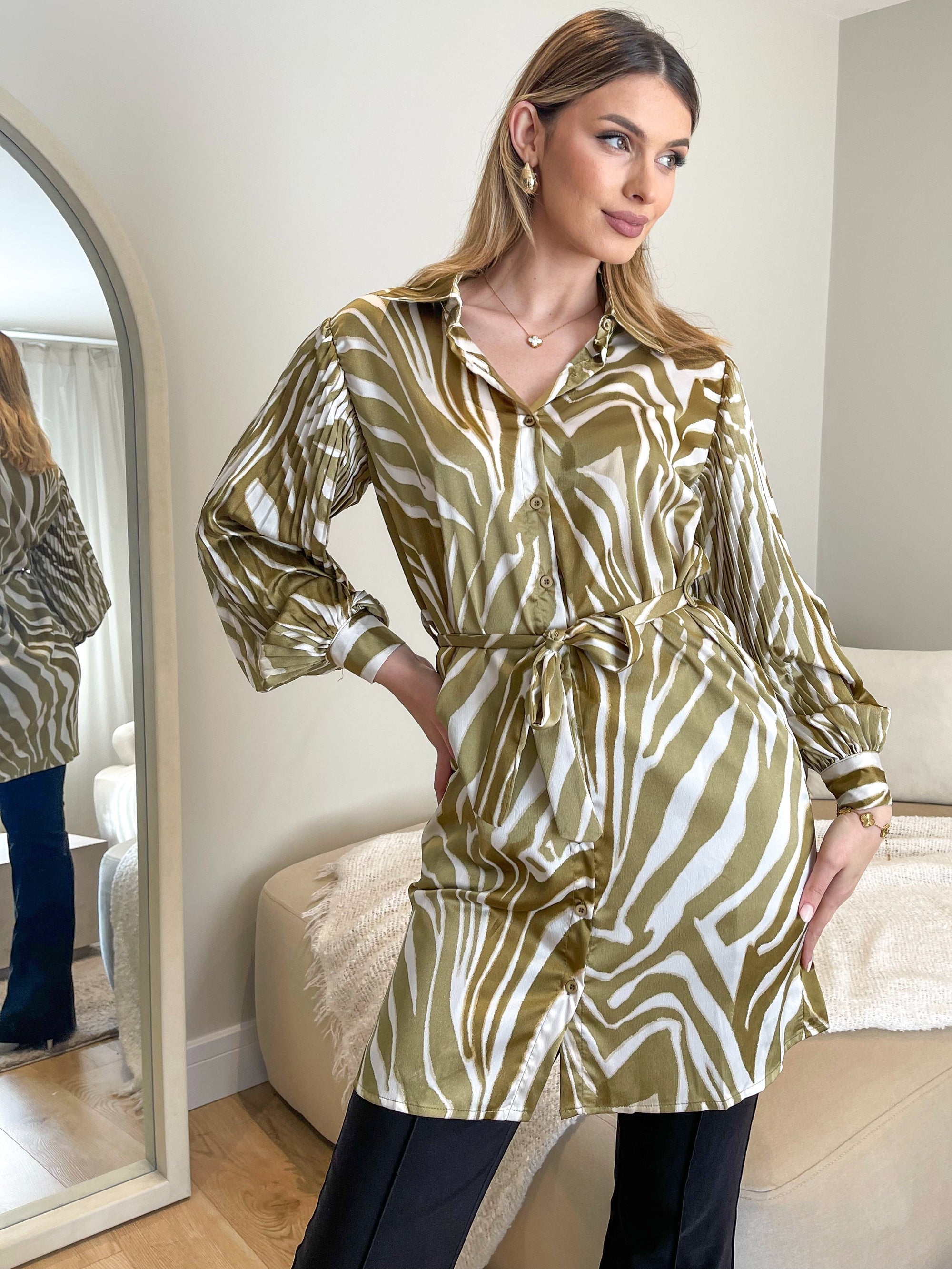 OLIVE PRINTED PLEATED LONG SLEEVE BELTED SHIRT DRESS