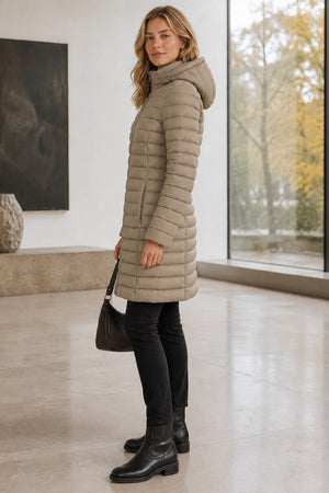 TAUPE HOODED LIGHTWEIGHT QUILT PUFFER JACKET