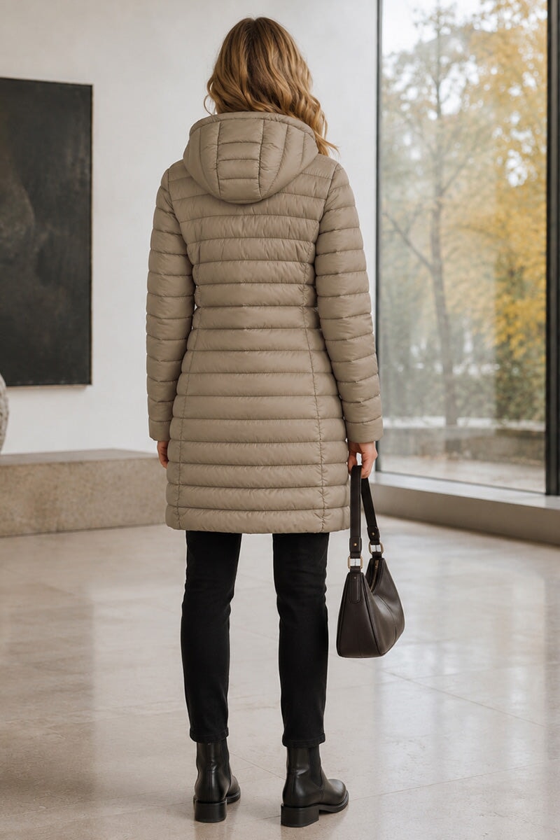 TAUPE HOODED LIGHTWEIGHT QUILT PUFFER JACKET